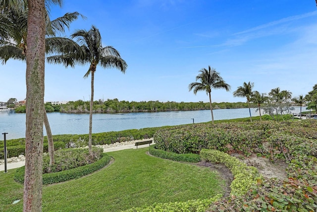 view of yard with a water view