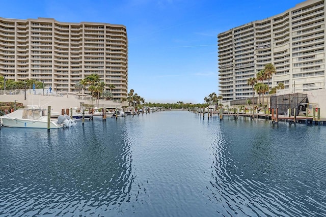 water view featuring a dock