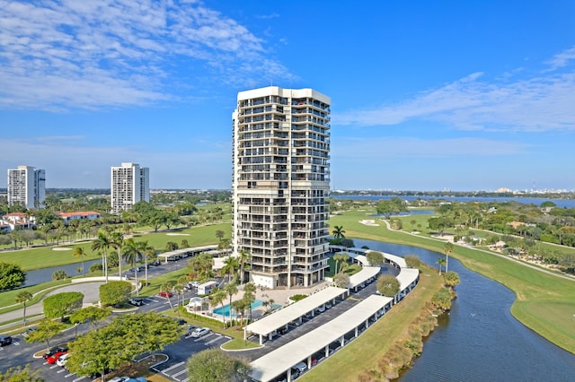 drone / aerial view featuring a water view