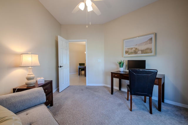 office space with carpet and ceiling fan