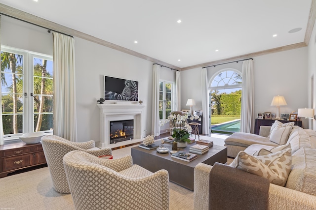 living room featuring ornamental molding and a healthy amount of sunlight