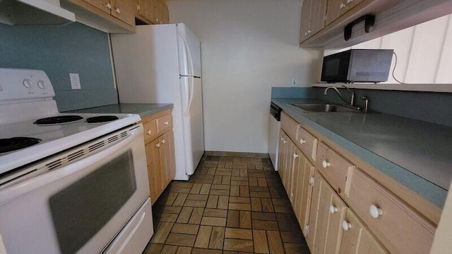 kitchen with dishwashing machine, sink, range hood, and white electric stove