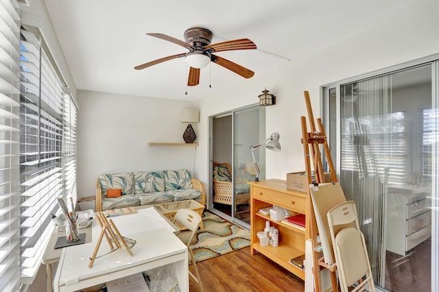 living room featuring ceiling fan and wood-type flooring