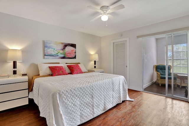 bedroom featuring wood-type flooring and ceiling fan