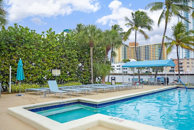 view of swimming pool with a patio area