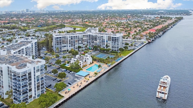 aerial view featuring a water view