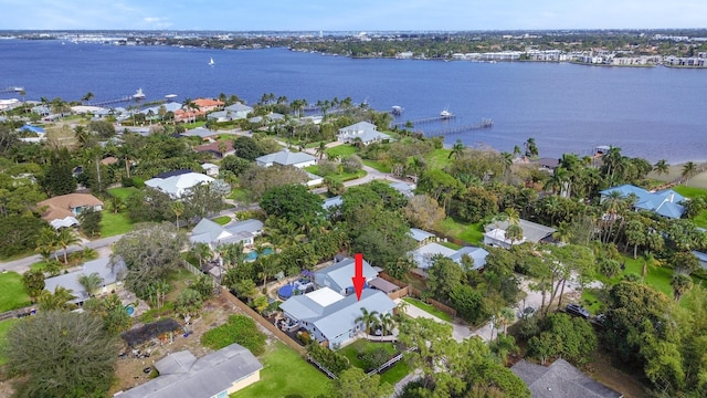 bird's eye view with a water view