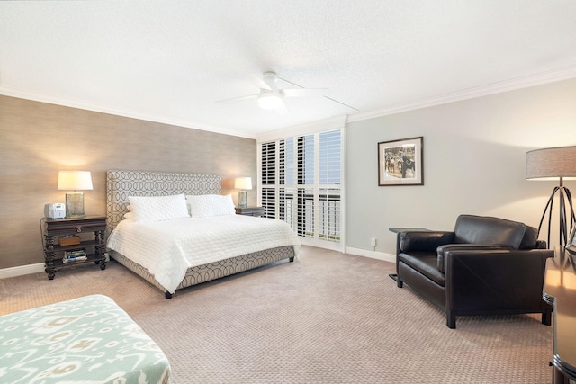 bedroom featuring light carpet, ornamental molding, and ceiling fan