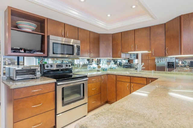 kitchen with sink, ornamental molding, a tray ceiling, stainless steel appliances, and light stone countertops