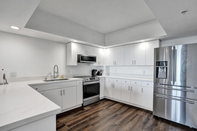 kitchen featuring white cabinetry, sink, dark hardwood / wood-style flooring, kitchen peninsula, and appliances with stainless steel finishes