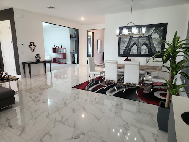 dining room with recessed lighting, visible vents, marble finish floor, and an inviting chandelier