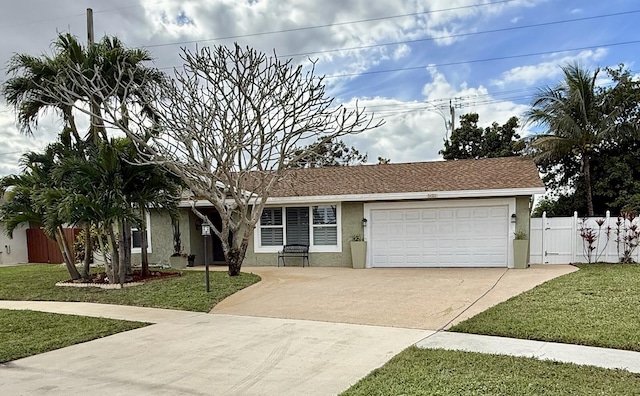 ranch-style house with a garage and a front yard