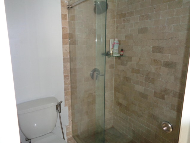 bathroom with toilet and a shower with door