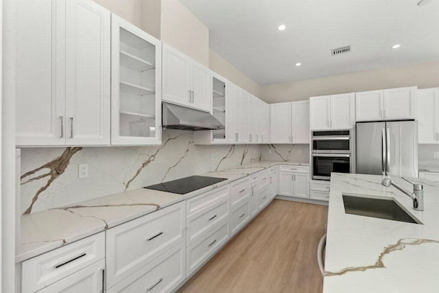 kitchen featuring tasteful backsplash, sink, light stone countertops, stainless steel appliances, and white cabinets