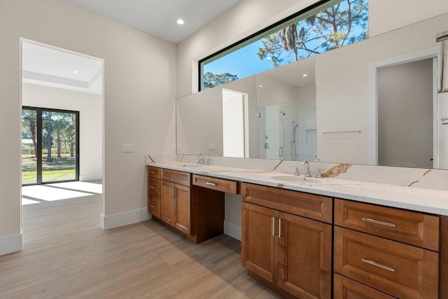 bathroom featuring a shower with shower door, vanity, and hardwood / wood-style floors