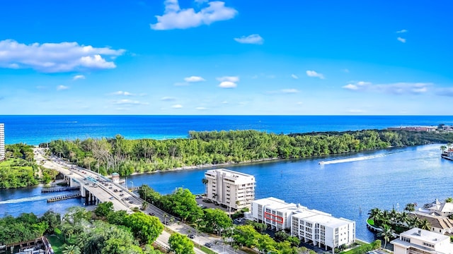 drone / aerial view with a water view