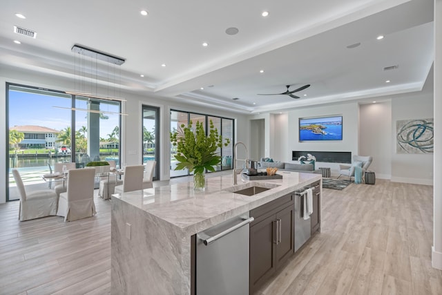 kitchen with light wood-type flooring, light stone counters, a tray ceiling, and sink