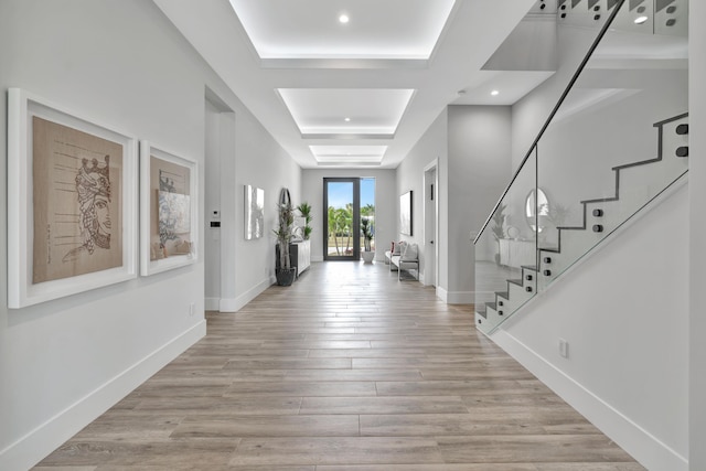 entrance foyer featuring a raised ceiling and light wood-type flooring