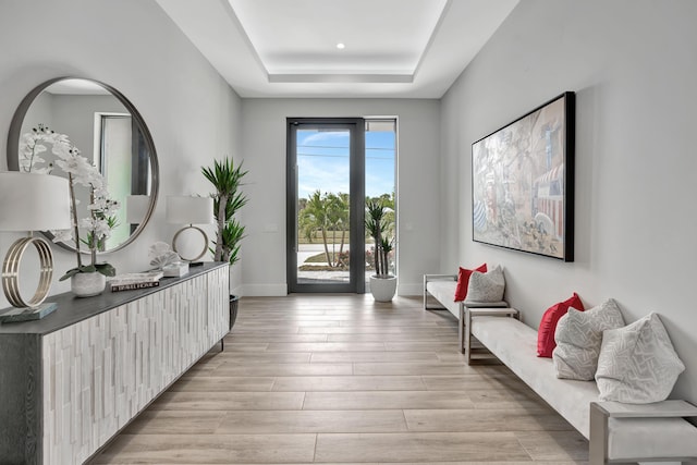 foyer with a tray ceiling