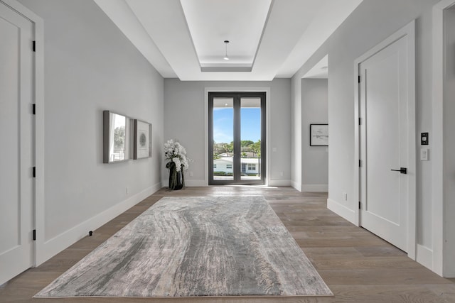 unfurnished room featuring light hardwood / wood-style floors, a raised ceiling, and french doors