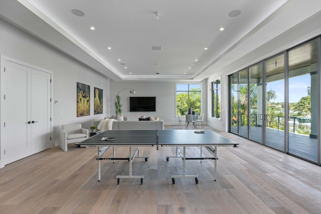 playroom featuring a raised ceiling and light wood-type flooring