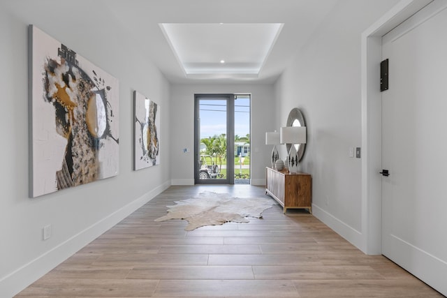 entrance foyer with light hardwood / wood-style floors and a raised ceiling