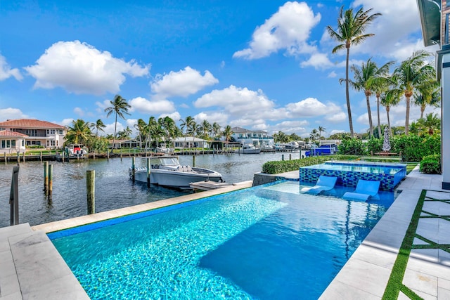 view of swimming pool featuring a boat dock and a water view