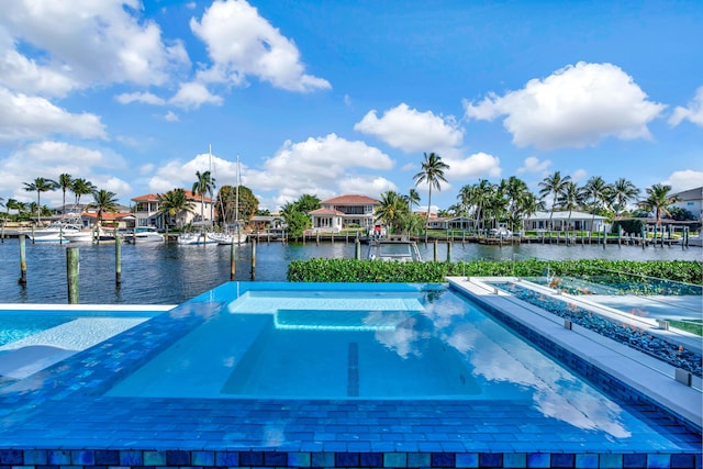 view of swimming pool with a water view and a boat dock