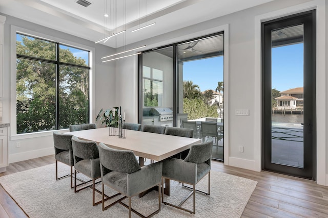 dining space with a water view, light wood-type flooring, and ceiling fan