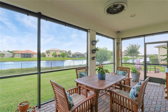 sunroom / solarium with a water view