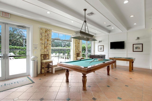 game room with beamed ceiling, light tile patterned floors, and billiards