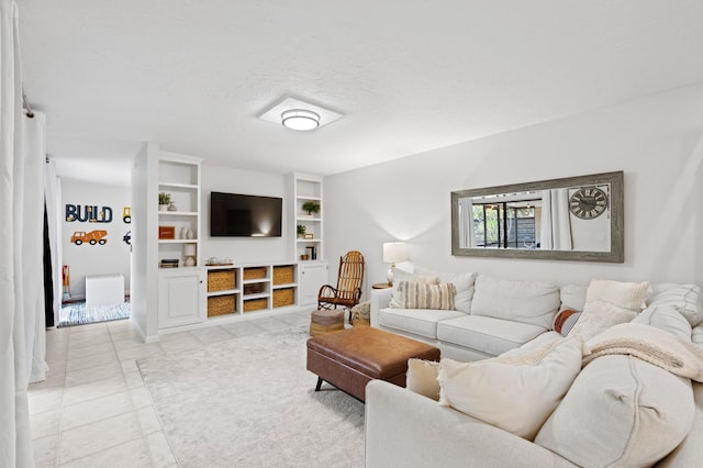 living room featuring light tile patterned flooring