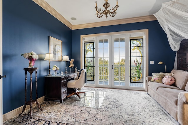 office area featuring crown molding and french doors