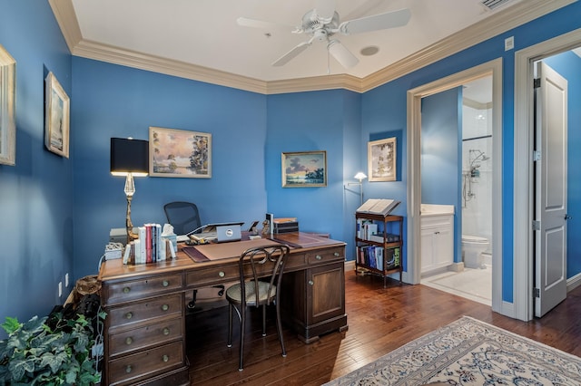 home office featuring crown molding, ceiling fan, and dark wood-type flooring