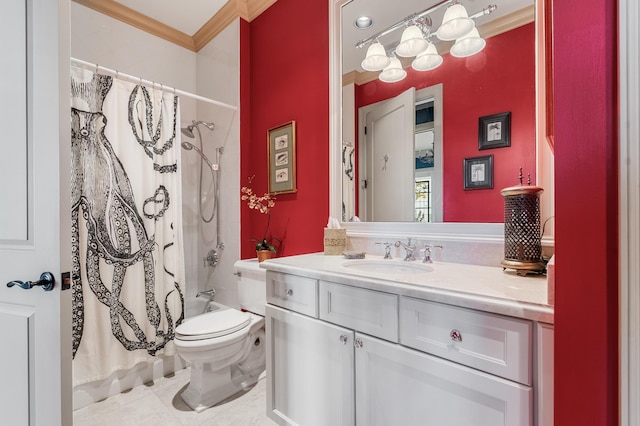 full bathroom featuring toilet, vanity, shower / bath combo, and ornamental molding