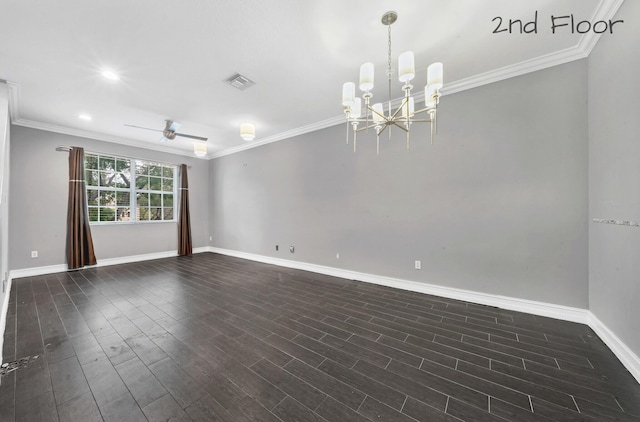 empty room featuring ceiling fan with notable chandelier, dark hardwood / wood-style flooring, and crown molding