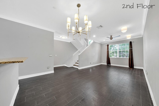 unfurnished living room featuring dark wood-type flooring, crown molding, and ceiling fan with notable chandelier