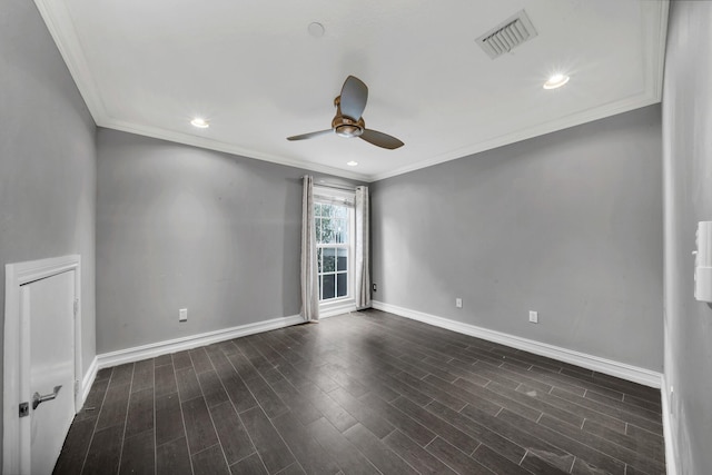 unfurnished room featuring ceiling fan, dark wood-type flooring, and ornamental molding