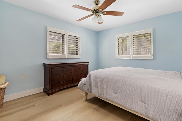 bedroom with ceiling fan and light wood-type flooring