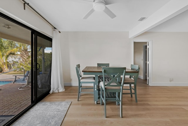 dining area with baseboards, light wood finished floors, visible vents, and a ceiling fan