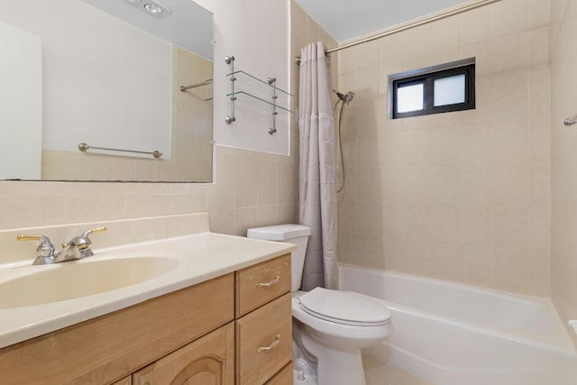 full bathroom with vanity, backsplash, tile walls, toilet, and shower / tub combo with curtain