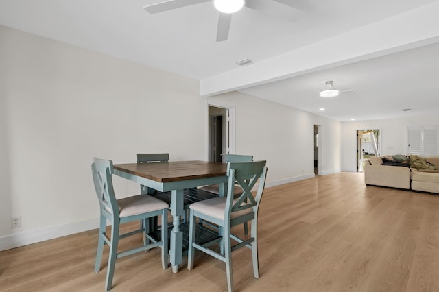 dining space featuring visible vents, light wood-style flooring, and baseboards