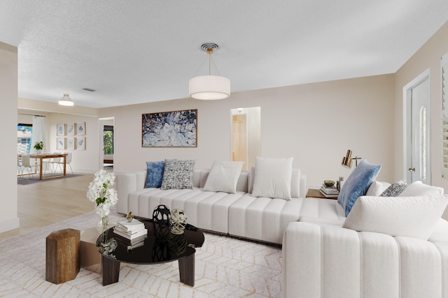 living room with a textured ceiling and light hardwood / wood-style floors