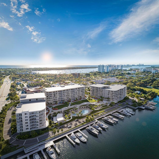 drone / aerial view with a water view