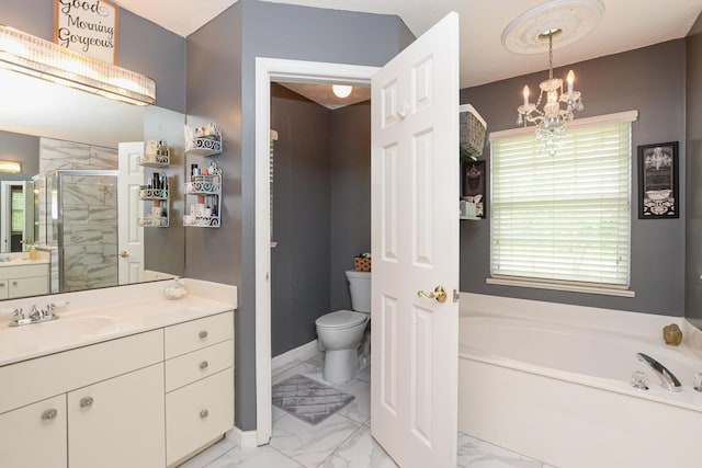 full bathroom with plus walk in shower, toilet, vanity, and an inviting chandelier