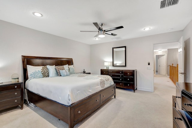 11606 Ponywalk Trl, Boynton Beach, FL 33473 - bedroom featuring ceiling fan, light carpet, recessed lighting, and visible vents