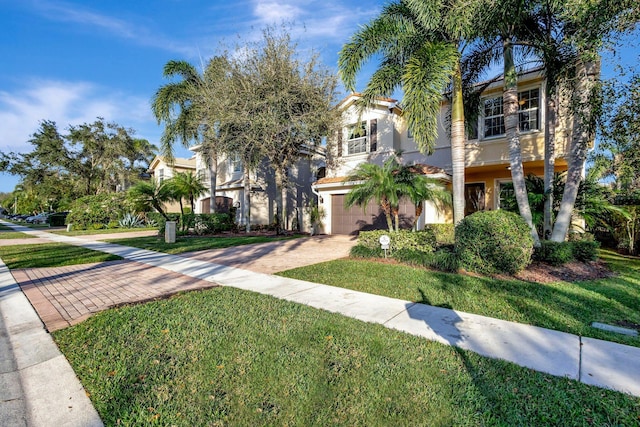 view of front facade featuring an attached garage, decorative driveway, a front yard, and stucco siding