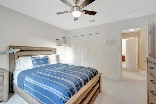 11606 Ponywalk Trl, Boynton Beach, FL 33473 - bedroom with visible vents, a closet, light carpet, baseboards, and a ceiling fan