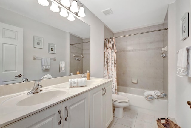 full bathroom with toilet, tile patterned flooring, shower / tub combo, and vanity