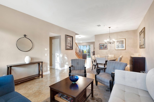 11606 Ponywalk Trl, Boynton Beach, FL 33473 - living area with a notable chandelier, baseboards, light tile patterned floors, visible vents, and stairway